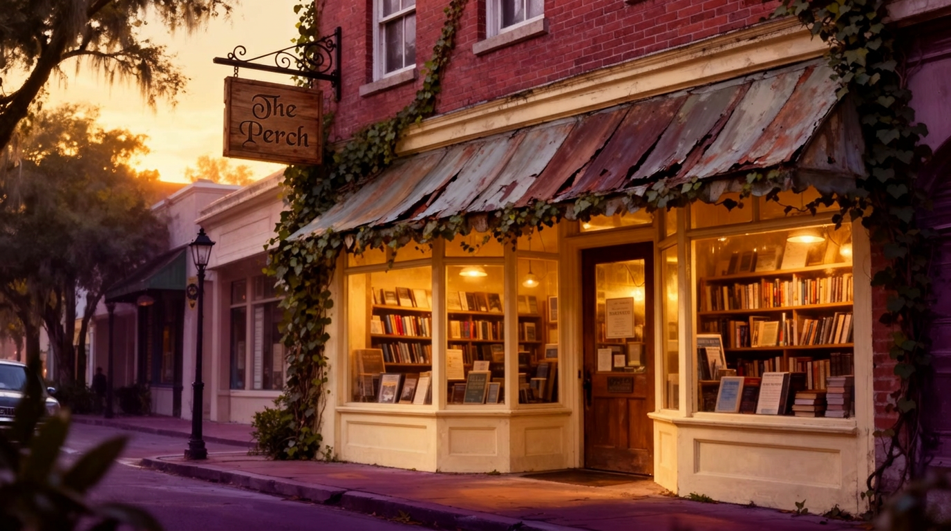 A warm, vintage Tampa bookshop storefront at golden hour with brick facade and glowing windows